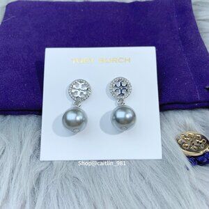 Tory Burch Miller Pavé Pearl Drop Earrings in Silver (Brand New)